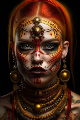 realistic portrait of harley quinn Hyperrealism, Ethereal portrait of a mystical being with tribal features, vibrant orange eyes, reptilian pupils, intricate scale-like patterns around the eyes, pale skin adorned with freckles, tribal tattoo on the nose bridge. Adorned in a weathered yellow tribal mask with dark markings, a central rivet, necklaces of gold, black, and red beads, a rustic red and dark green scarf with intricate designs, and small earrings. Serene expression, intense gaze, desatur