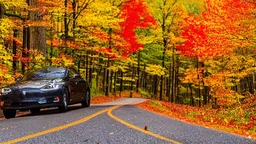 A Tesla's 'Model S Plaid' is racing at top speed, across the 'Great Smoky Mountains' National Park, in Tennessee. CINEMATIC. WIDE ANGLE LENS. PHOTO REAL.