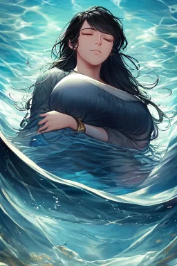 a beautiful woman, long curly black hair,closed eyes,coming from beneath the water,braking the surface with her face just coming out the water,looking up symbolism for breaking free. realistic,8k quality, action close shot from areal view,highly detailed , chaos 80