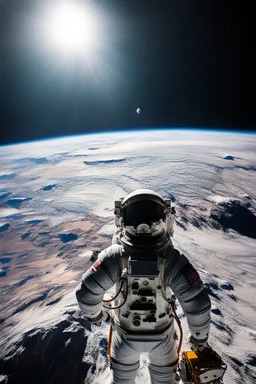 An astraunot looking towards the horizon, view from back of astronaut