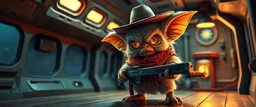 air brush 3d with pen outline,spaghetti boss gunslinger western fluffy elder gremlin edgy hero with slightly glowing eyes in front of glistening space lobster dog, shallow depth of field, warm lantern, pin hole cam in doll house space ship, bottom floor board edge border