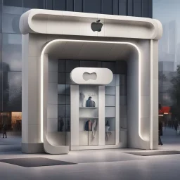 dramatic store entranceway that is shaped like a cell phone, "Apple Store" sign above doorway, Apple Logo in window, dramatic modernist architecture, stylish, hyperrealistic, photoreal, HD, magic realism