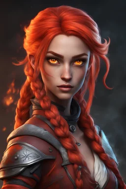 beautiful Fire genasi rogue female. Hair is long, red, and made of fire. Part of hair is braided. Big bright red eyes. Skin color is dark.