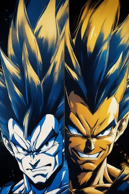 Poster in two gradually, a one side the vegeta face, another side "goku face", midle faces, painting by Yoji Shinkawa, darkblue and GOLD tones,sinister, detailed iridescent, metallic, translucent, dramatic lighting, hyper futuristic, digital art, shot with Sony Alpha a9 Il and Sony FE 200-600mm f/5.6-6.3 G OSS lens, natural light, hyper realistic photograph, ultra detailed -ar 3:2 -q 2 -s 750,malevolent goth vampire girl face and other side