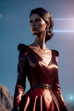 Tall woman, dark brown hair, red eyes, red blouse with black skirt, Ornate details, vibrant color, highly detailed, art stations, concept art, smooth, unreal engine 5, god lights, ray tracing, RTX, lumen lighting, ultra detail, volumetric lighting, 3d, finely drawn, high definition, 4k.