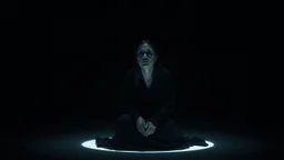 A solitary woman sitting alone in an endless void of darkness, pale skin, large hollow dark eyes with deep shadows underneath, wearing tattered black robes, empty expression, staring into nothingness. Only a faint circle of dim light surrounds her. Absolute loneliness, emotional emptiness, existential despair, abandonment, silence, vast darkness consuming everything beyond the light. No other people, no eyes, no silhouettes, no figures in the darkness, pain, empty soul, surreal, thriller