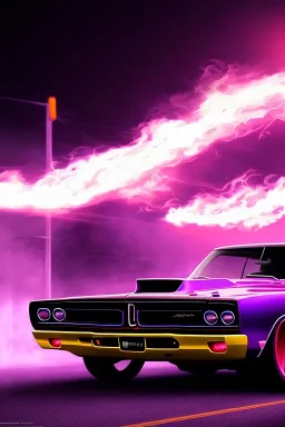 dodge super bee on road at night, hyper realistic, purple flames