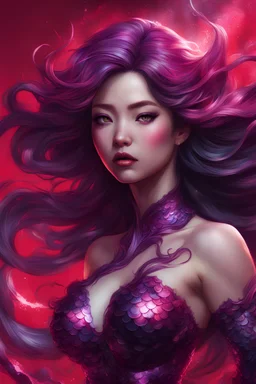 a mermaid with on a red background, in the style of artgerm, dark black and magenta, shilin huang, explosive and chaotic, ue5, detailed costumes, close-up intensity