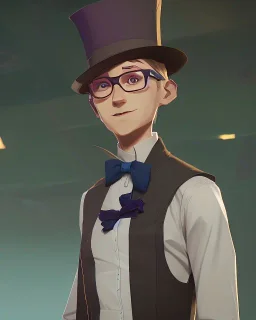 tall young man witbh square glasses, blonde hair and grey eyes. He wears blue shirt, dark tails, bow tie and chimney pot hat. He is lauging. He has a cat with sharp teeth and claws.