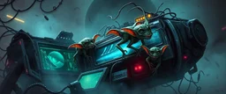 Small alien gremlin scavengers crawling over a crashed spaceship, broken screens glowing, tangled wires like vines, foggy neon atmosphere, mischievous eyes in shadow, airbrush sci-fi fantasy poster, playful but dangerous tone