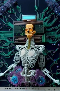 "AI Overlord" portrays a robot in front of a circuit board with the head being a television showing a talking head and the body being a skeleton dressed in a couture suit made from elaborately detailed quilling found in nature; neo-surrealism