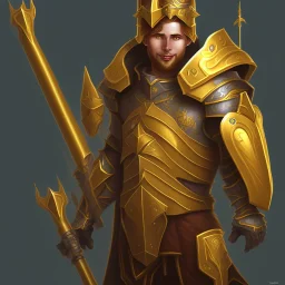 a paladin wearing golden armor without a helmet