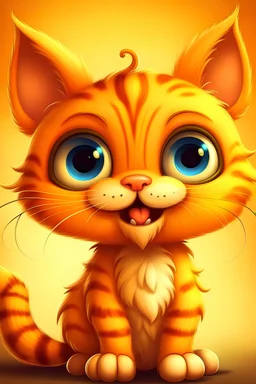 A cute little hybrid orange cat, big eyes + giraffe + snail, smiling cheerfully, has teeth, has long hair, has long, too fine fur. Realistic like a photograph, bright colors, fine texture, soft and fluffy.