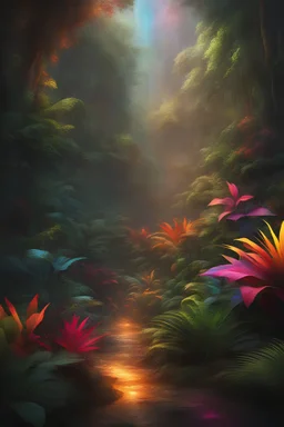 A hyper-realistic photo, A colourful jungle a masterpiece, highres dark fantasy concept art, dynamic lighting, hyperdetailed, intricate, Splash screen art, vibrant colour, volumetric lighting, triadic complementary colours glow particles