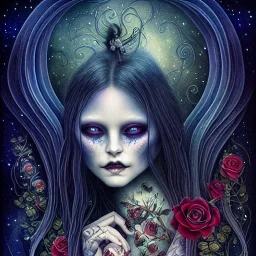 perfect long-haired Vampire, perfect eyes, full tattoos of roses art and trees extending past face and morphing into galaxy, 8k resolution, high-quality, fine-detail, intricate, digital art, volumetric lighting ,style Daniel Merriam