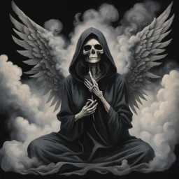 women sitting on a dark background. Her their face turned upwards and blows cigarette smoke from their mouth, The dominant colors are black and gray. It depicts a figure with wings emerging from its back. a hooded skeleton can be seen behind the clouds of smoke.