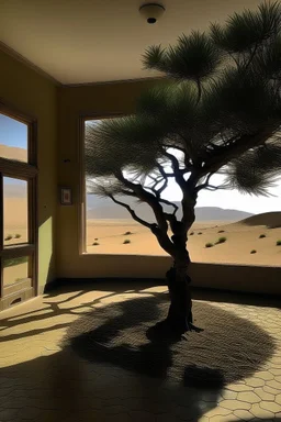 منضر صحراء وفيها شجرة وحجرة