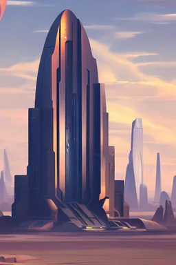 spaceship in an alien desert city surrounded by strange tall buildings