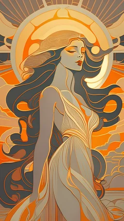 Painting style of erte pretty woman long hair dressed in sunrise art deco