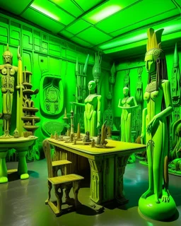 A lime green cybernetic workshop designed in Hawaiian tiki statues painted by Salvador Dali