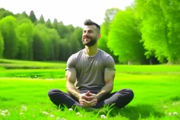"A person smiles and feels contentment and serenity while practicing meditation in nature. They may be sitting on the grass or by a tranquil lake, placing their hands on their knees, and blissfully closing their eyes 4K