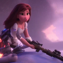 A girl with big naked boobs and beautiful and large military rifle in the galactic space