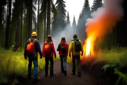 four people with emergency flares going into forest