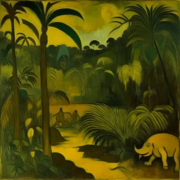 A dark grayish yellow jungle on an island painted by Paul Gauguin