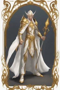 High elf time wizard wearing gold hemed white cloak holding a staff
