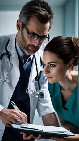 photorealistic hyperdetailed portait of a doctor and a nurse looking at a clipboard in a hospital