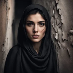 Hyper Realistic Young-Beautiful-Pashto-Woman-With-Beautiful-Eyes in black shawl peeking-half-faced behind a cracked-wall at night with dramatic & cinematic ambiance