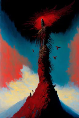 dramatic medium brush stroke matte oil painting, cursed Prometheus the Titan god chained to the top of a mountain where vultures circle, Dramatic, complex contrast, dynamic composition, expansive, Greek Mythology, focused, red hues, by Zdzislaw Beksinski and Jim Dine