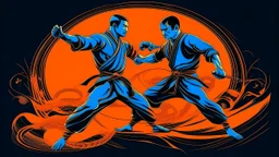 An image of two wushu fighters fighting in a black, orange, and blue color scheme.
