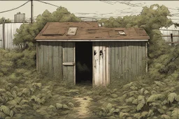 shed, overgrown apocalyptic, background, comic book,