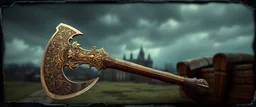 ornate axe , pinhole cam, airbrush 3d rendering, in the style of John Atkinson Grimshaw , torn edges on border