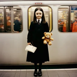 Wednesday addams in the metro, with a teddy bear, autochrome