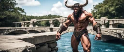 minotaur psionic master in threatening pose in swimsuit on stone bridge