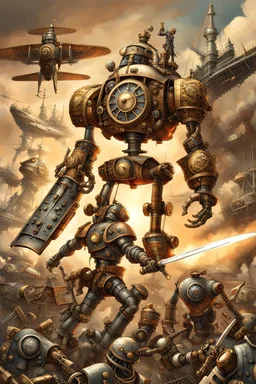 steampunk warrior robot with a big, complicated and detailed mechanical sword fighting in a battlefield with steampunk ships and planes in the background. Masterpiece, hyper detailed, details, battlefield, dramatic, dramatic lighting