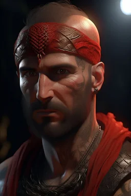 A portrait of a man , looking at you ,red skin, scales, unreal engine 6, high detail, intricate, cinematic. photoshoot style, intricate, studio lighting, masterpiece , highly detailed, 8k, best quality, fire, smoke, dramatic,d,<lora:mshn:0.7>,<lyco:Warrior_Couture:0.5>,