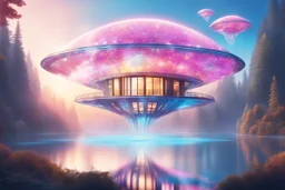 a cosmic beautiful SPACESHIP made of crystals and light is flyng up above a cosmic futuristic house. the landscape is a magic coloured FAIRY nature with a CALM WATER