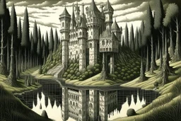 A giant castle near a swamp filled with ghosts painted by MC Escher