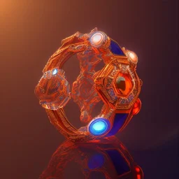 Ring made by wood roots and shreds of glass, orange diamonds sparkles, red rubi fragments around, blue lights reflexes, complex structure, gold details, intricate ring pattern,Unreal Engine 5, lens macro,sharp focus, realistic, hyper detailed, studio lighting, neon light ambient,