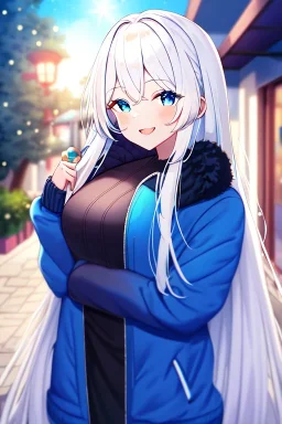 girl, masterpiece, best quality, cinematic lighting, detailed outfit, vibrant colors, perfect eyes, white hair, very long hair, blue eyes, valentine gift, sidewalk, under tree, laughing, sparkle, depth of field, indoors, god rays, glowing light, ray tracing, jacket,