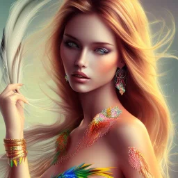 beautiful women with colorful feathers