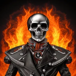 Fire head skeleton Rider wearing a black leather on black motorcycle in the middle of street rounded by high tower