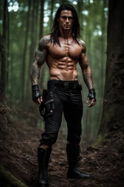 Handsome muscular alpha male, 30 years old, Dark eyes, Long brown hair, bare chest covered in tattoos and scars. wearing black combat trousers and heavy boots, photorealistic, 4k, dark fantasy, forest background