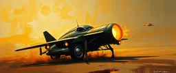 a high definition screen shot of a jet-fighter vw-beetle, retrofuturistic, phototrealism, Macabre Rapture End of days Revelation scene, loose brush stroke matte oil painting, sinner apotheosis,diagonal composition, unbalanced, abstract surreal horror, eerie, scary warm colors, Eldritch, by Colin McCahon Upscale @JonKnockTurnal 2999 ufo, bilaterally