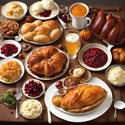 Full Thanksgiving table spread beautifully photographed ;; overflowing massive portions of mashed potatoes, turkey, cranberry sauce, dinner rolls, yams, pumpkin pie, beer!, thanksgiving table accouterments, pilgrim elements; Photorealism, by Cindy Sherman, by Robert Frank, hardy portions, natural lighting, insanely detailed, densely packed busy, dramatic perfect picture in a Food Magazine, mouthwatering