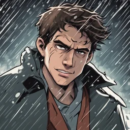 a closeup of a maniacal young man in a heavy coat during a rainstorm cartoon