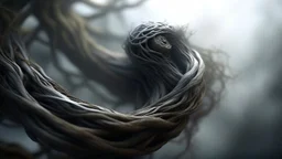 Multiple entanglements between a twisted thin piece of cloth as part of many twisted and spiraling branches disappearing into the distant mist, epic photo, sharp on highly detailed skin with wrinkles and high contrast, photorealistic, 4K, 3D, realism, hyperrealism, detail, good lighting, detailed texture, modern photography style, 3D, 4D, 4K --2:3